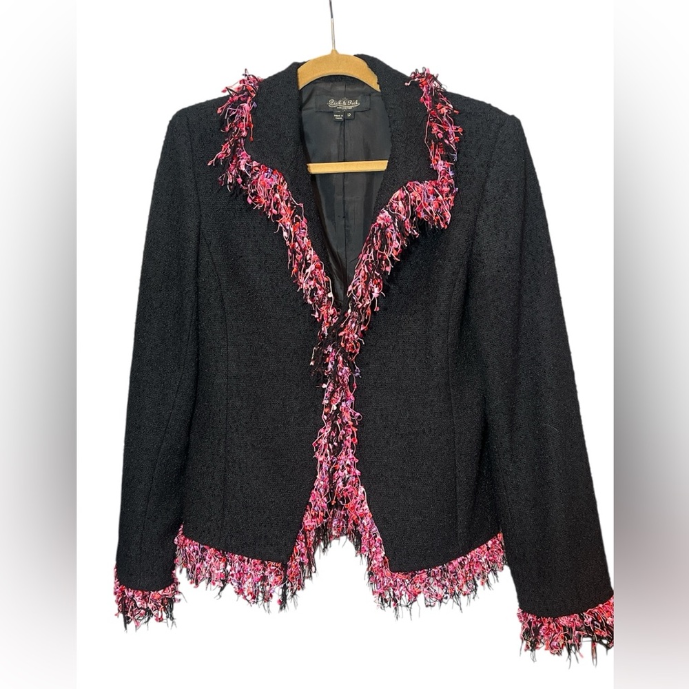 Vintage Peck & Peck Black Blazer with Pink Fringe Whimsigoth Size 12 Eclectic
